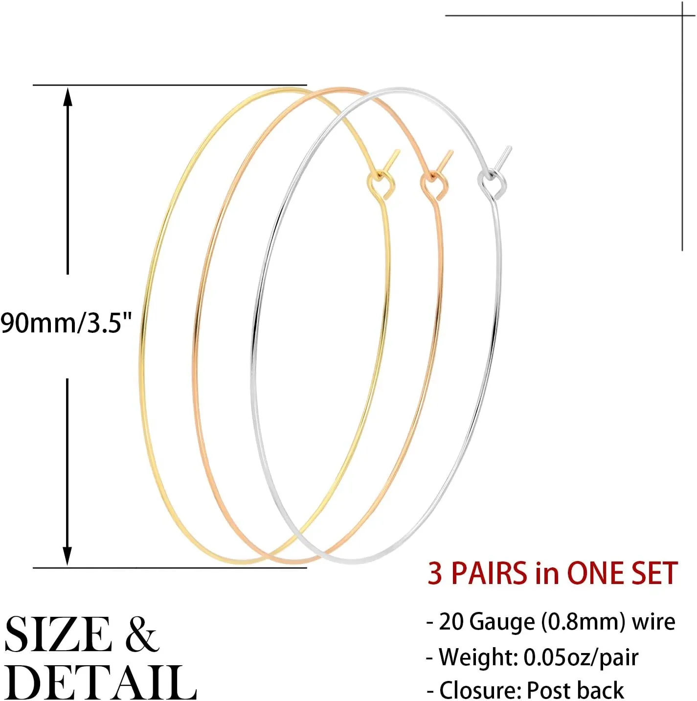 3 Pairs Thin Extra Large Hoop Earrings SetFashion Huge Gold Hoops 18k Gold Plated Lightweight Stainless Steel Hoops Big Geometric Round Gold Hoop Earrings Set Minimalist Jewelry for Women