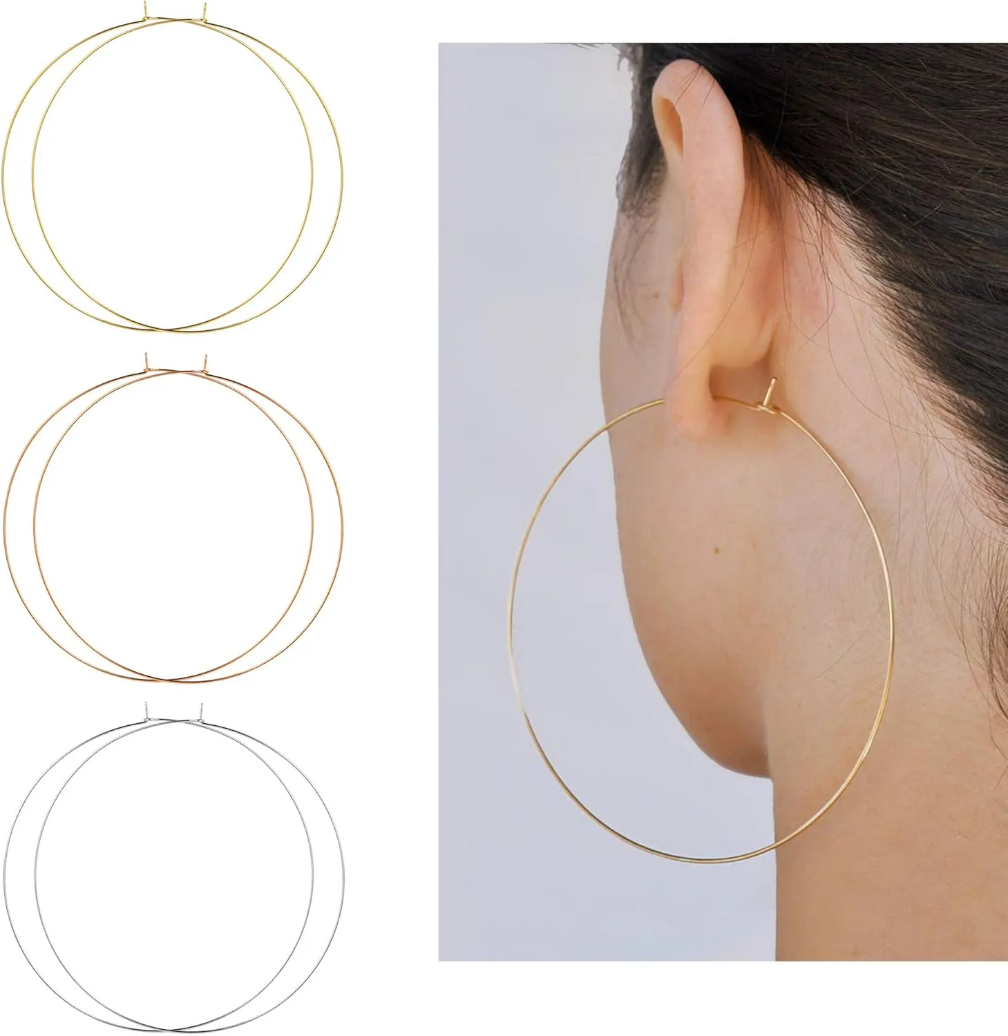 3 Pairs Thin Extra Large Hoop Earrings SetFashion Huge Gold Hoops 18k Gold Plated Lightweight Stainless Steel Hoops Big Geometric Round Gold Hoop Earrings Set Minimalist Jewelry for Women