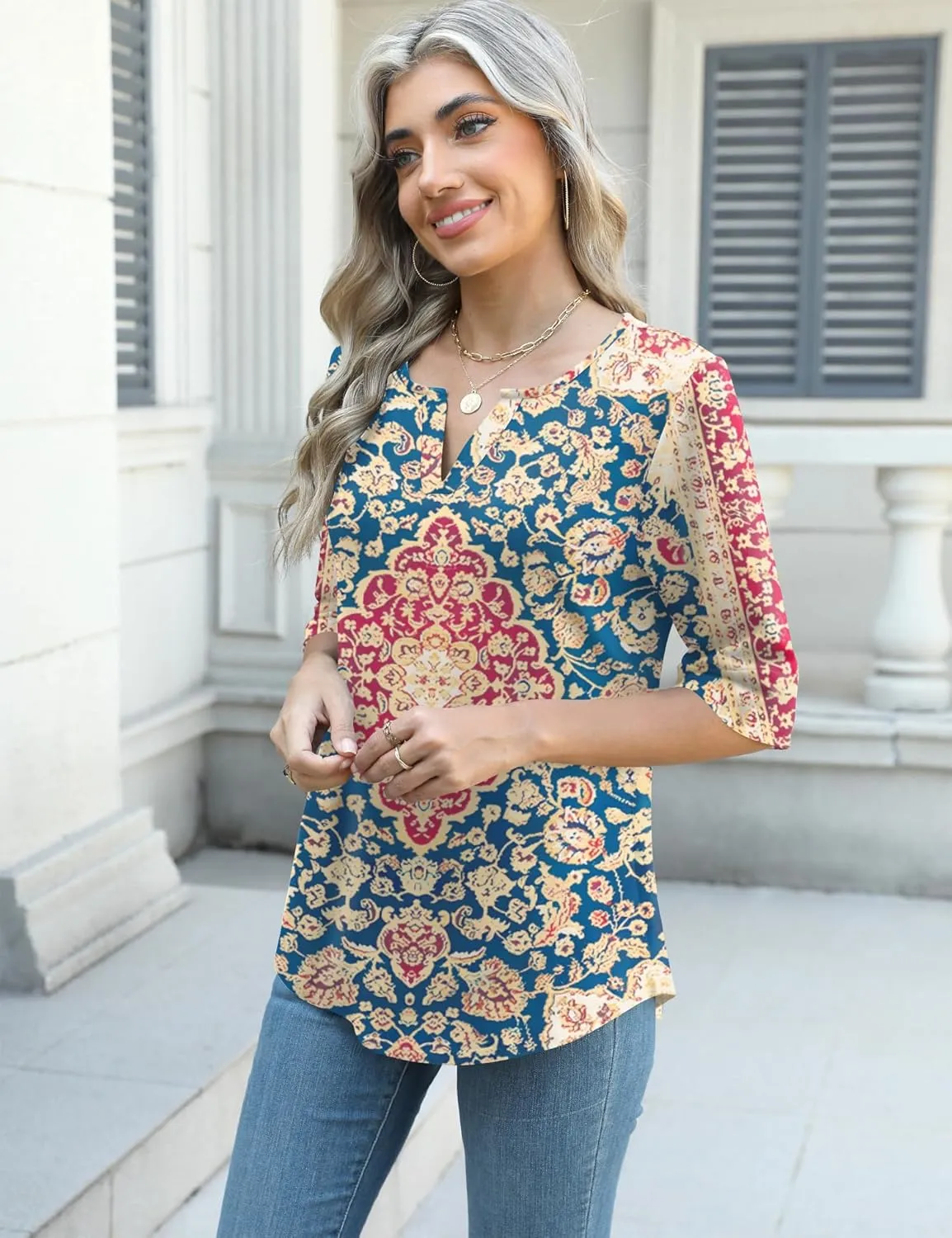 AKEWEI Women's V Neck 3/4 Sleeve T Shirts Summer Top Dressy Casual Basic Tees Shirt Tunic Blouses