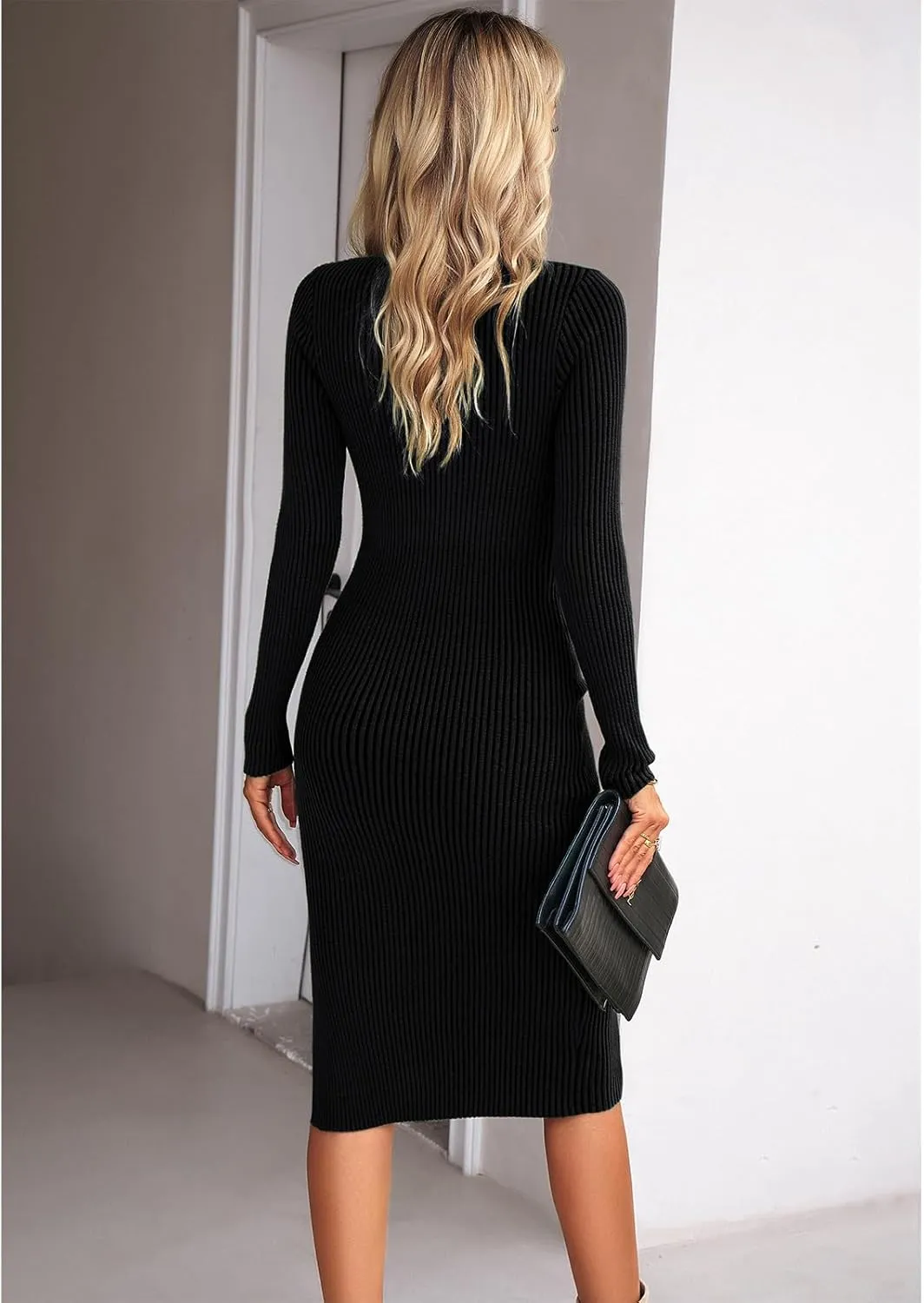 Bodycon Sweater Dress Square Neck Long Sleeve Ribbed Knit Midi Dress for Women