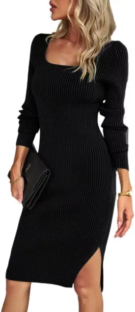 Bodycon Sweater Dress Square Neck Long Sleeve Ribbed Knit Midi Dress for Women