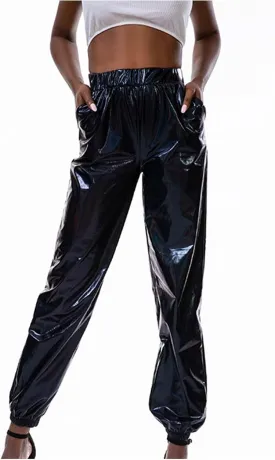 BZGTZT Women's Shiny Metallic High Waist Stretchy Jogger Pants, Wet Look Hip Hop Club Wear Holographic Trousers Sweatpant