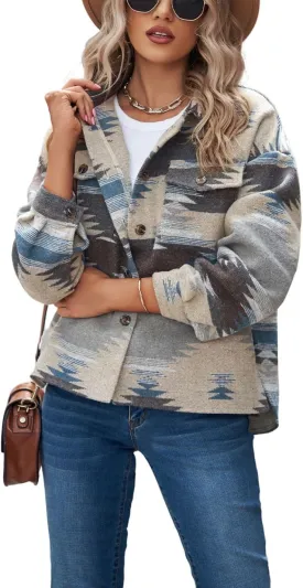 Chevara Womens Vintage Ethnic Aztec Jacket Long Sleeve Button Up Woolen Shacket Western Jackets