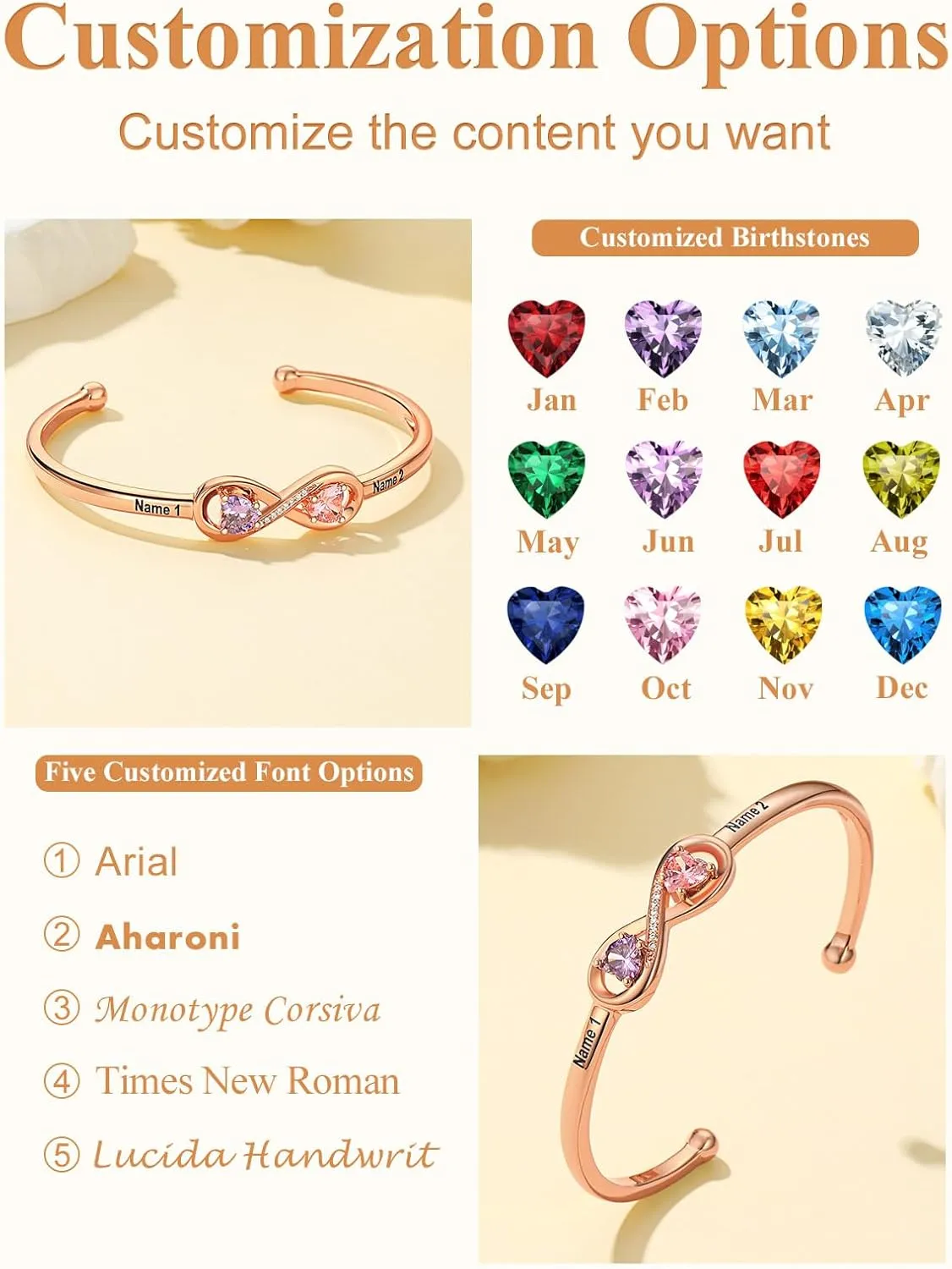 Custom4U Personalized Infinity Bracelets for Women Stack Birthstone Bracelet Engraved Name Open Cuff Bracelet Adjustable Mothers Day Valentines Birthday Jewelry Gifts for Women Mom Wife (Gift Box)