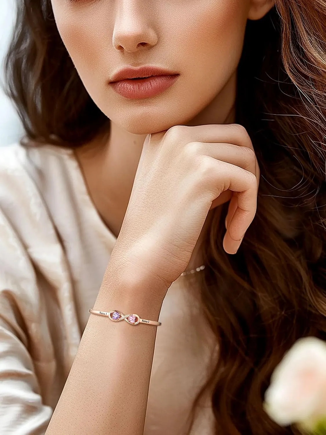 Custom4U Personalized Infinity Bracelets for Women Stack Birthstone Bracelet Engraved Name Open Cuff Bracelet Adjustable Mothers Day Valentines Birthday Jewelry Gifts for Women Mom Wife (Gift Box)