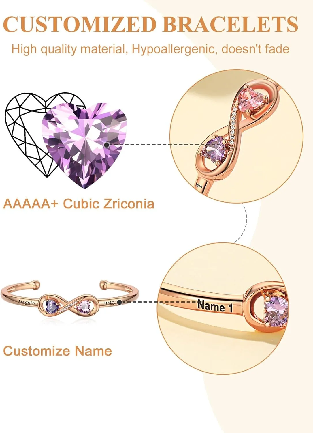 Custom4U Personalized Infinity Bracelets for Women Stack Birthstone Bracelet Engraved Name Open Cuff Bracelet Adjustable Mothers Day Valentines Birthday Jewelry Gifts for Women Mom Wife (Gift Box)