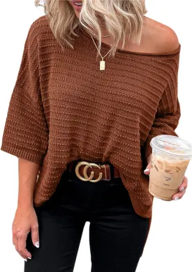Dokotoo Women's Casual 3/4 Sleeve Loose Tunic Tops Lightweight Knit Fall Pulover Sweater Blouses