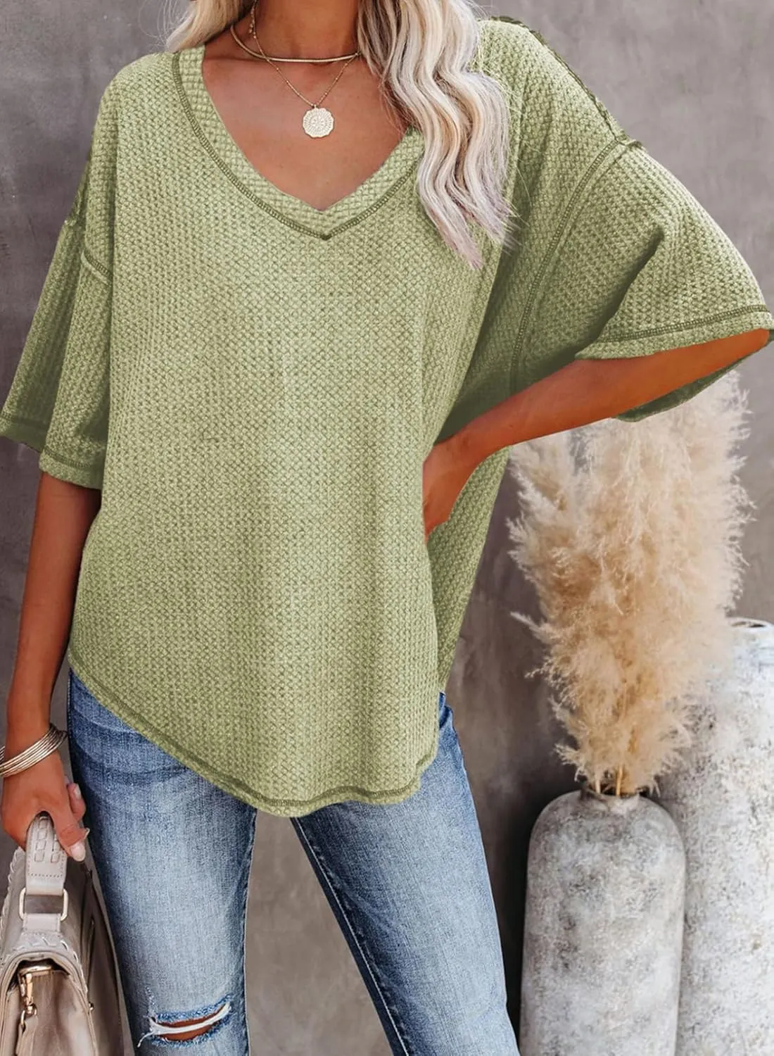 Dokotoo Women's Causual V Neck Short Sleeve Shirts Waffle Knit Loose Tunic Tops Blouses