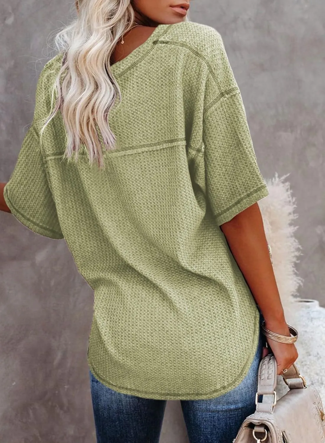 Dokotoo Women's Causual V Neck Short Sleeve Shirts Waffle Knit Loose Tunic Tops Blouses