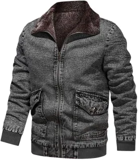 ebossy Men's Retro Sherpa Denim Jacket Zip Up Fleece Lined Winter Bomber Jean Jacket