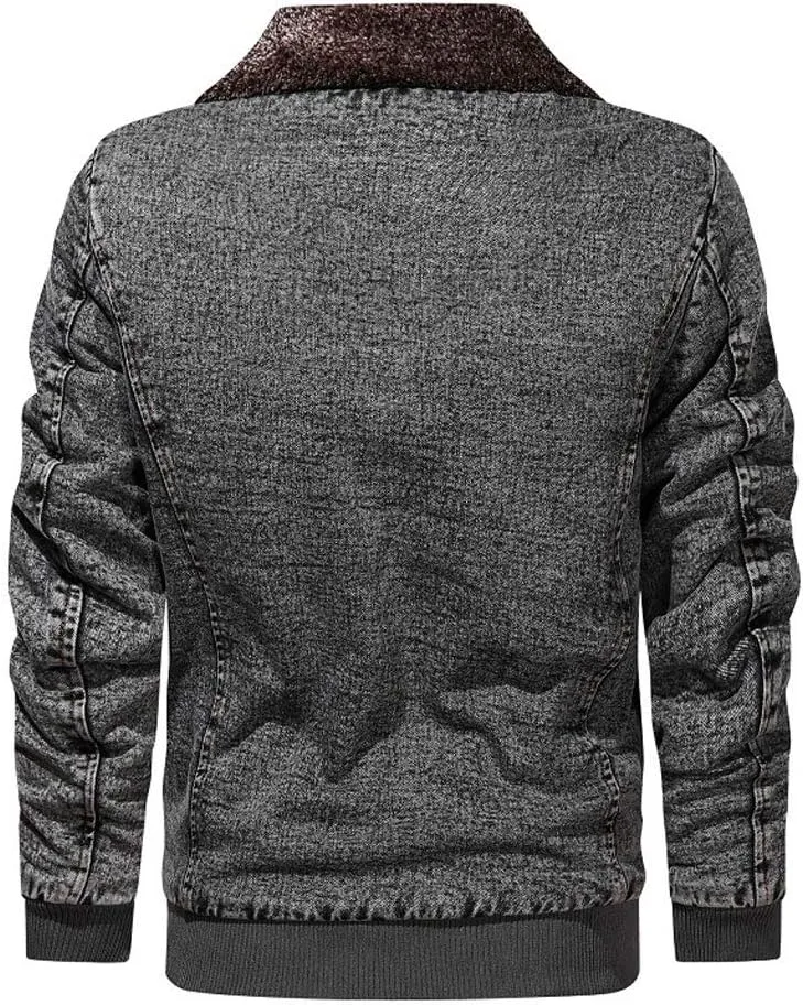 ebossy Men's Retro Sherpa Denim Jacket Zip Up Fleece Lined Winter Bomber Jean Jacket