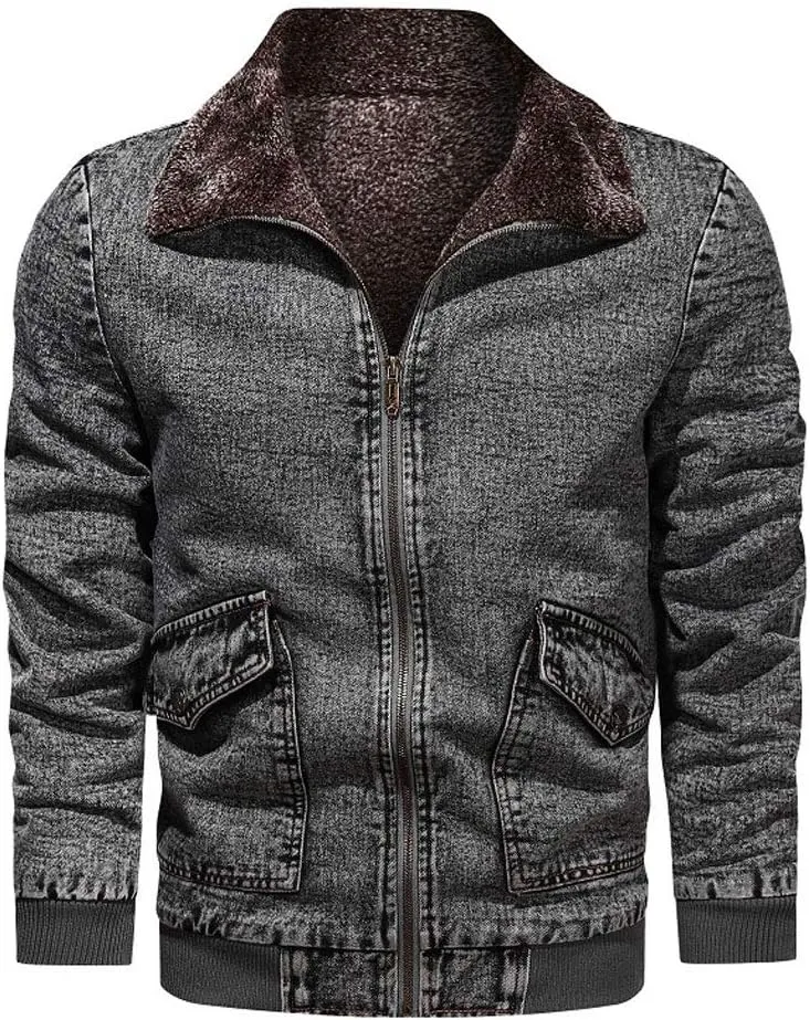 ebossy Men's Retro Sherpa Denim Jacket Zip Up Fleece Lined Winter Bomber Jean Jacket