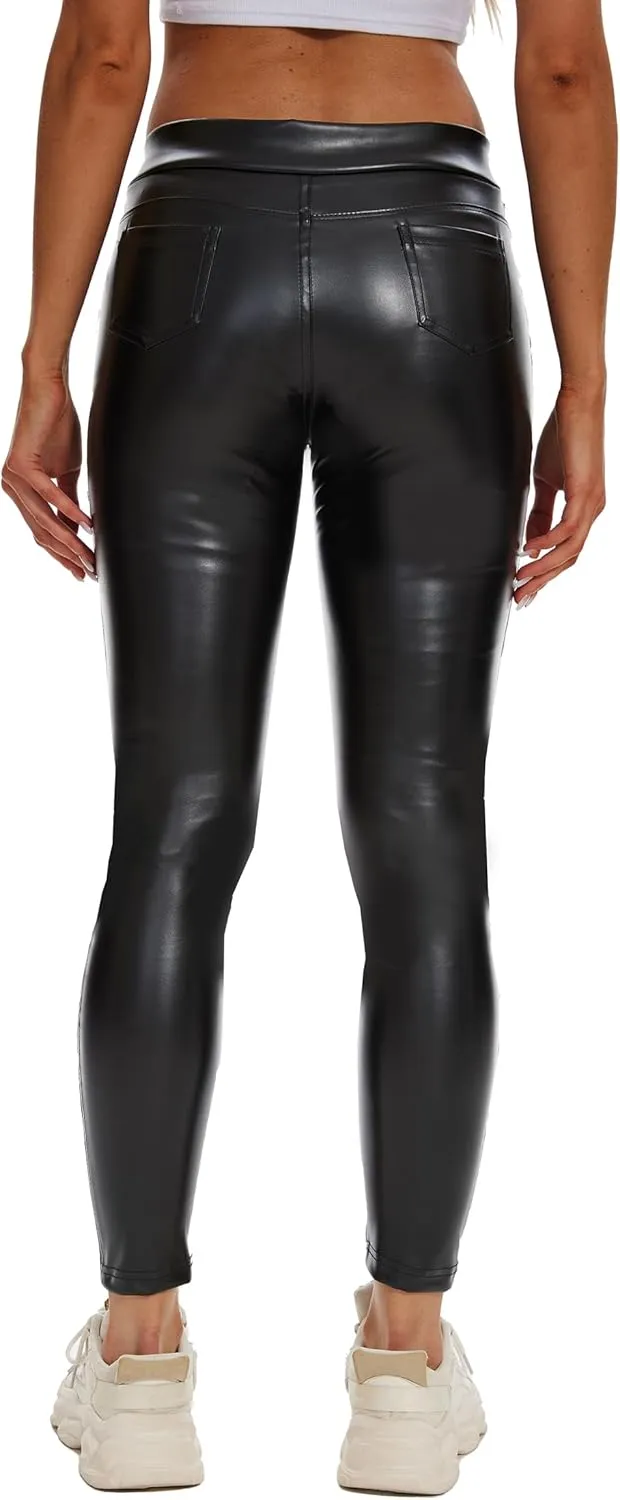 Faux Leather Leggings Pants for Women High Waisted Stretchy Pleather Pants Back Side Pocket Work Tights