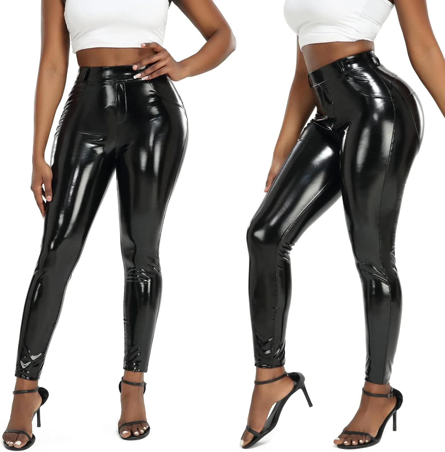 FITTOO Women's Faux Patent Leather Leggings PU Pleather Pants Butt Lift Hip Push Up High Waisted