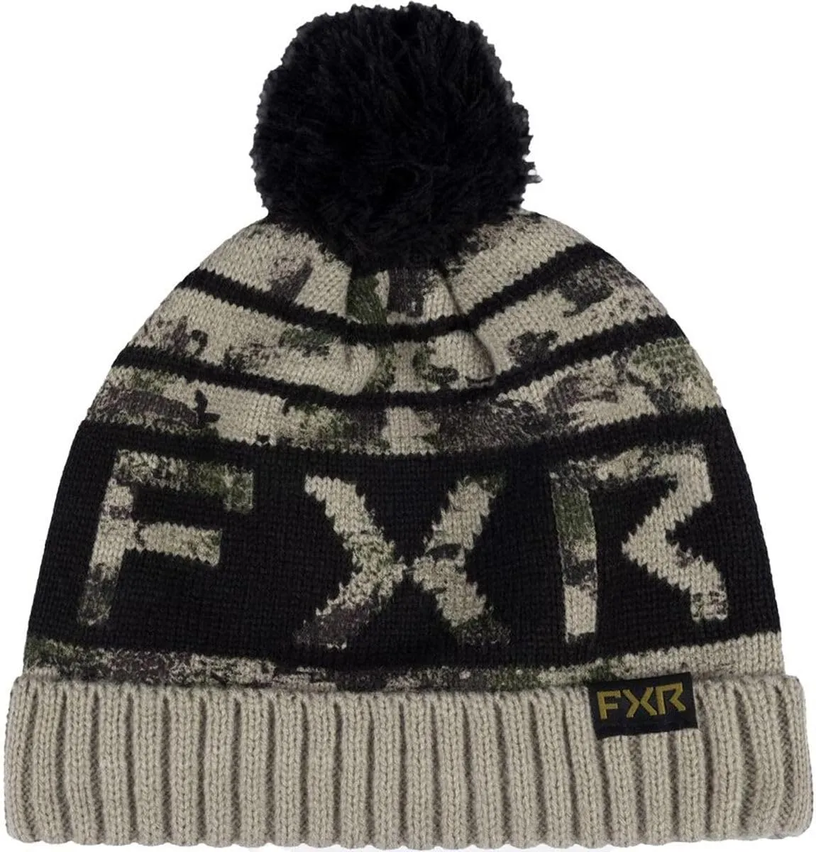 FXR Youth Helium Beanie Soft Acrylic Classic Skull Fit Fold Up Rib Cuff Pompom - Army Camo/Black - One Size