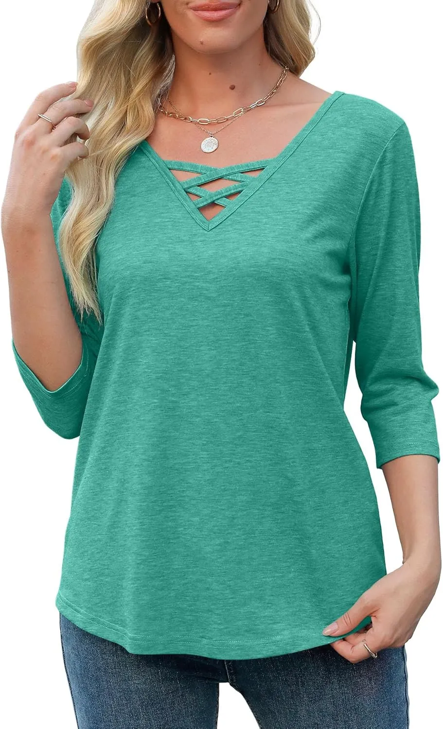 Heymiss Womens Tops 3/4 Sleeve V Neck Shirts Loose Casual Tunic Blouses Criss Cross Summer Tshirts
