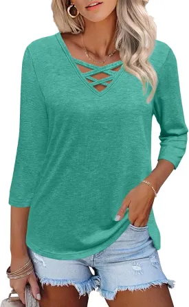 Heymiss Womens Tops 3/4 Sleeve V Neck Shirts Loose Casual Tunic Blouses Criss Cross Summer Tshirts