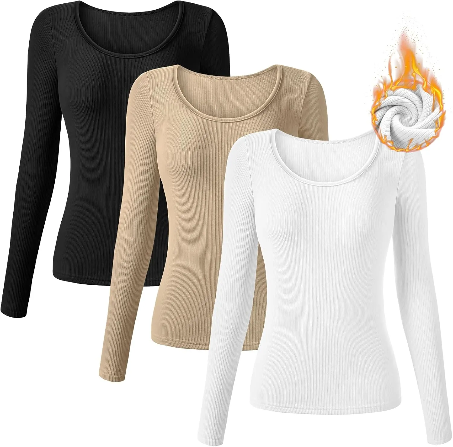 Huukeay 3 Pack Women's Long Sleeve Thermal Shirts, Ribbed Scoop Neck Slim Fit Under Scrub Tops T Shirts Baselayer Tops