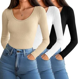 Huukeay 3 Pack Women's Long Sleeve Thermal Shirts, Ribbed Scoop Neck Slim Fit Under Scrub Tops T Shirts Baselayer Tops
