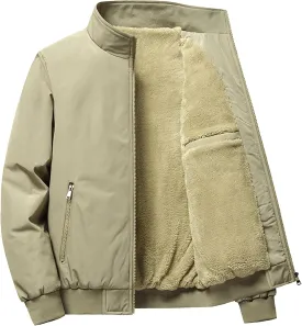 Men's Business Casual ThickenTop Jacket Stand Collar Sherpa Lined Jackets Warm Winter Padded Bomber Outerwear