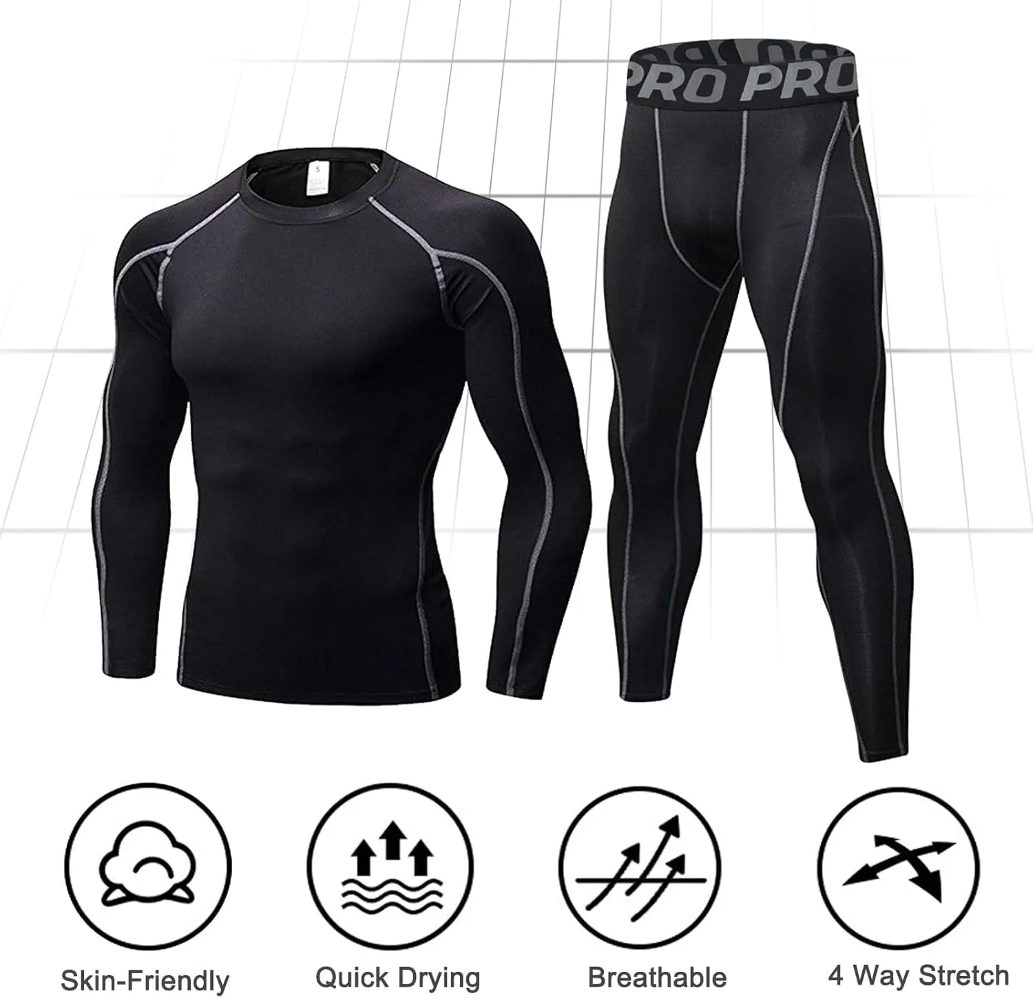Mens Workout Compression Set Long Sleeve Shirt and Pants Thermal Underwear Winter Warm Athletic Base Layer