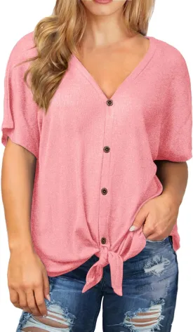 OLRIK Womens Plus Size Tops Short Sleeve V Neck Waffle Knit Tunic Blouse Tie Front Button Up T Shirts