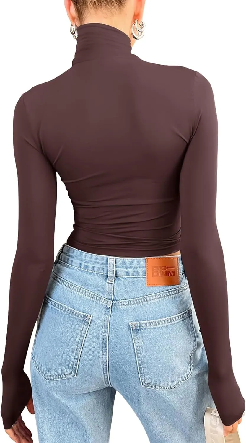 PINKMSTYLE Turtleneck Long Sleeve Tops for Women Fitted Double Lined T Shirts Base Layer Fall Outfits 2024