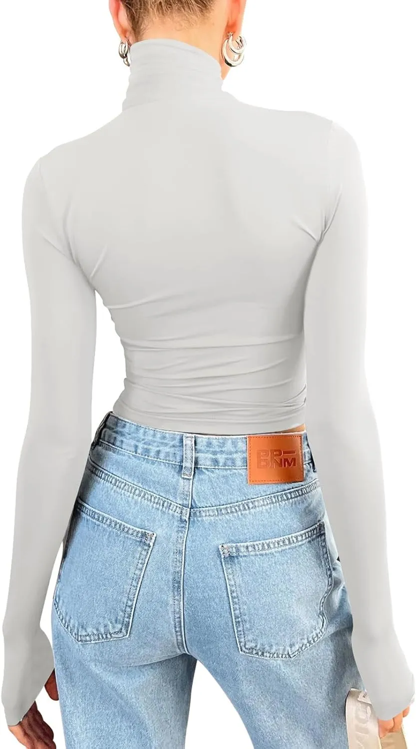 PINKMSTYLE Turtleneck Long Sleeve Tops for Women Fitted Double Lined T Shirts Base Layer Fall Outfits 2024