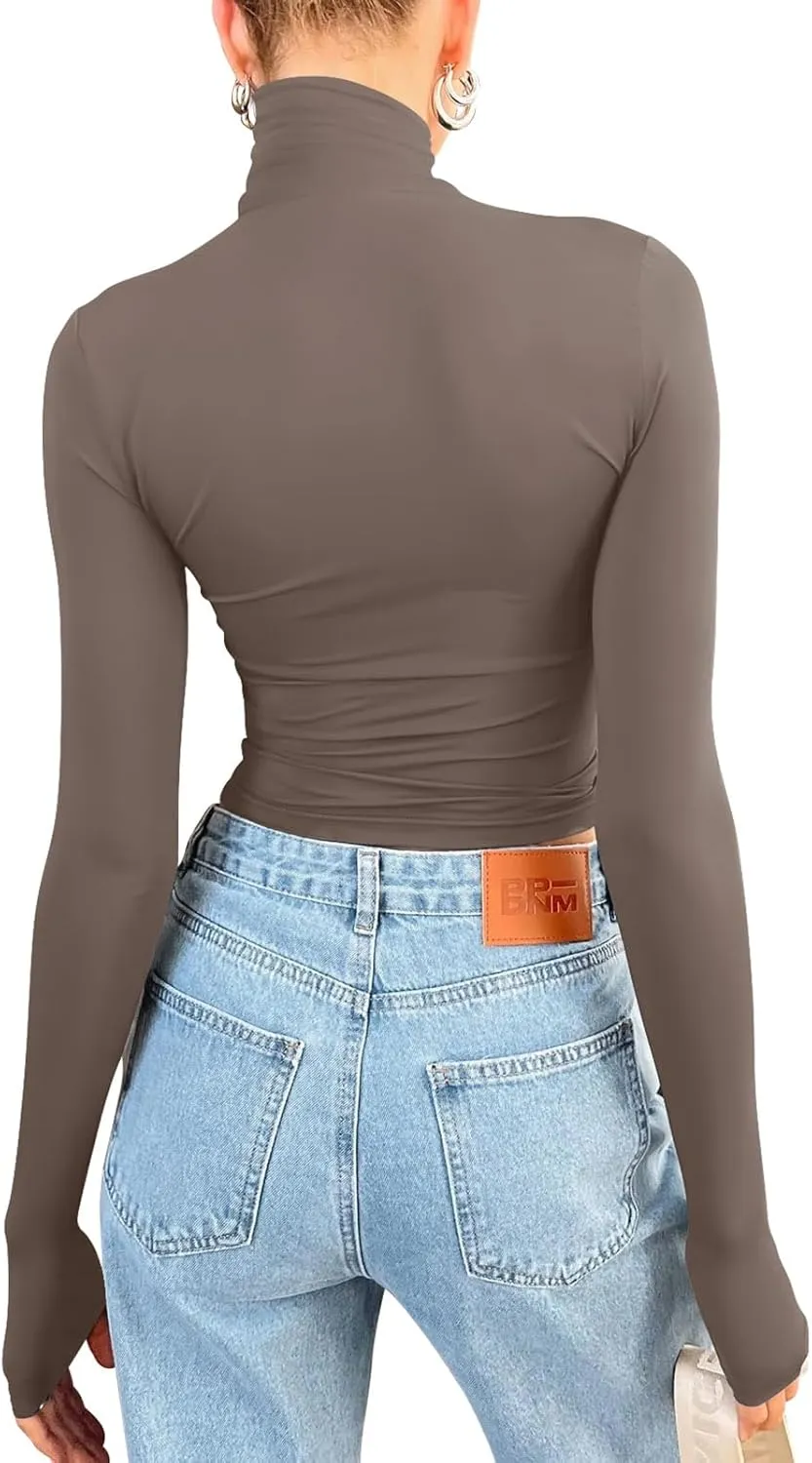 PINKMSTYLE Turtleneck Long Sleeve Tops for Women Fitted Double Lined T Shirts Base Layer Fall Outfits 2024