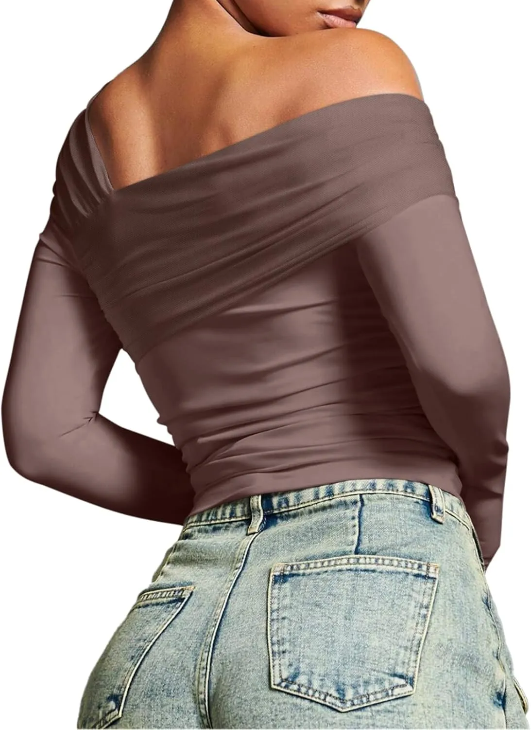 REORIA Womens Off The Shoulder Tops Double Lined Tight Long Sleeve Shirt Ruched Mesh Crop Top Y2k Going Out Tops
