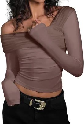 REORIA Womens Off The Shoulder Tops Double Lined Tight Long Sleeve Shirt Ruched Mesh Crop Top Y2k Going Out Tops