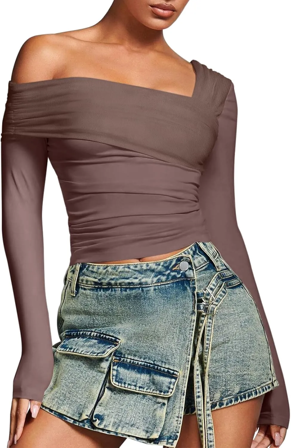 REORIA Womens Off The Shoulder Tops Double Lined Tight Long Sleeve Shirt Ruched Mesh Crop Top Y2k Going Out Tops