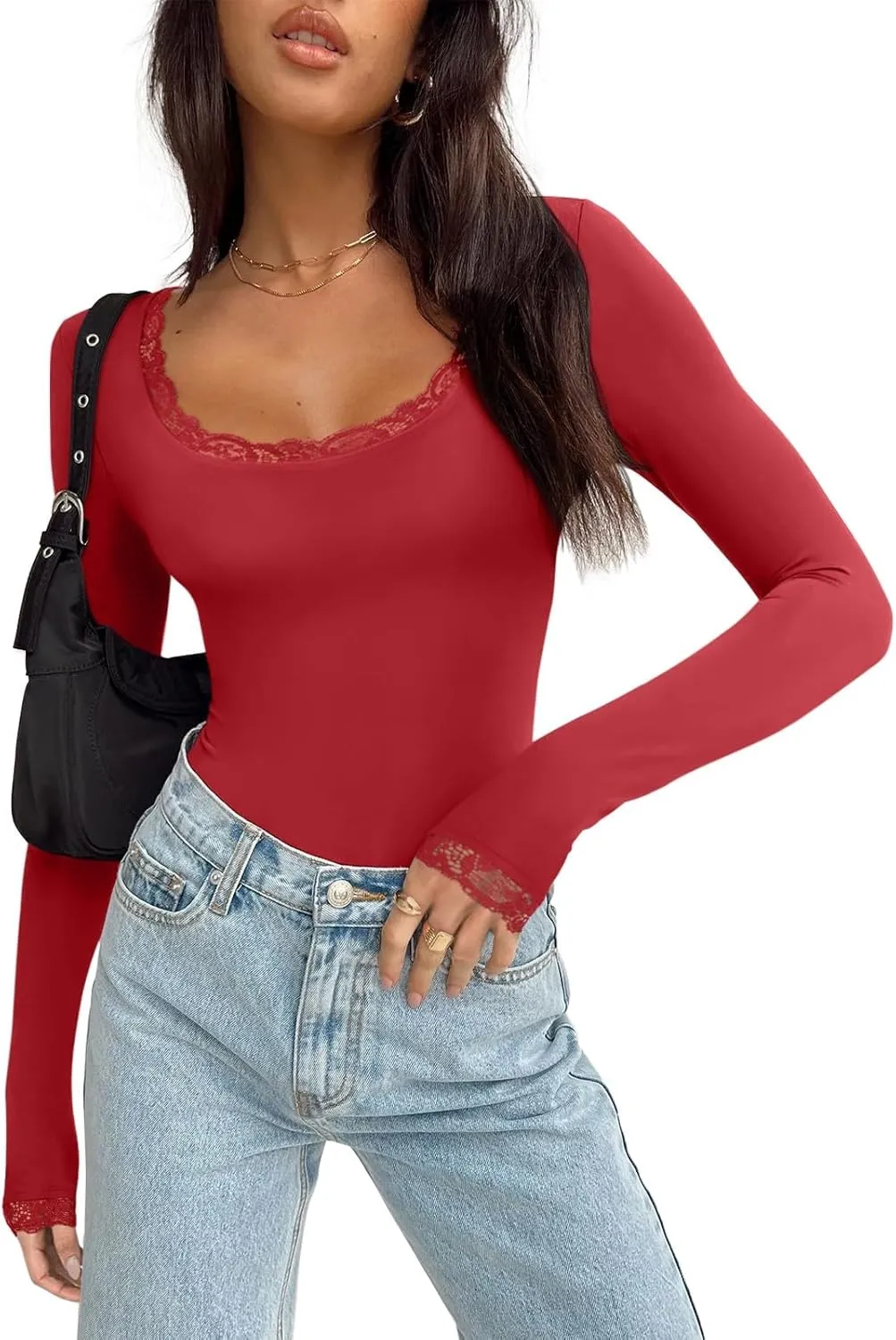 REORIA Women's Sexy Lace Scoop Neck Long Sleeve Double Lined Layering Slim Bodysuit Tops