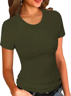 Slim Fit Women Short Sleeve Shirt Crew Neck Fitted Tight Tee Shirt Basic Ribbed Knit Top Going Out Workout Outfits
