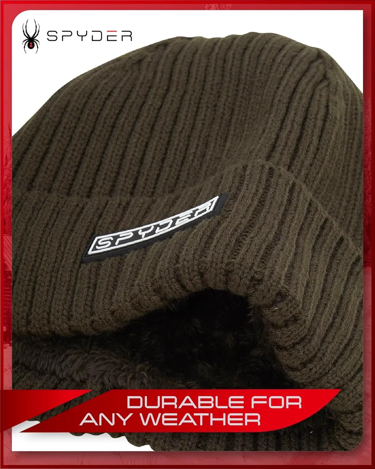 Spyder Men's Beanie - Cozy Plush Sherpa Fur Lined Ribbed Knit Cuff Winter Hat for Men with Embroidered and Rubber Logo Patch
