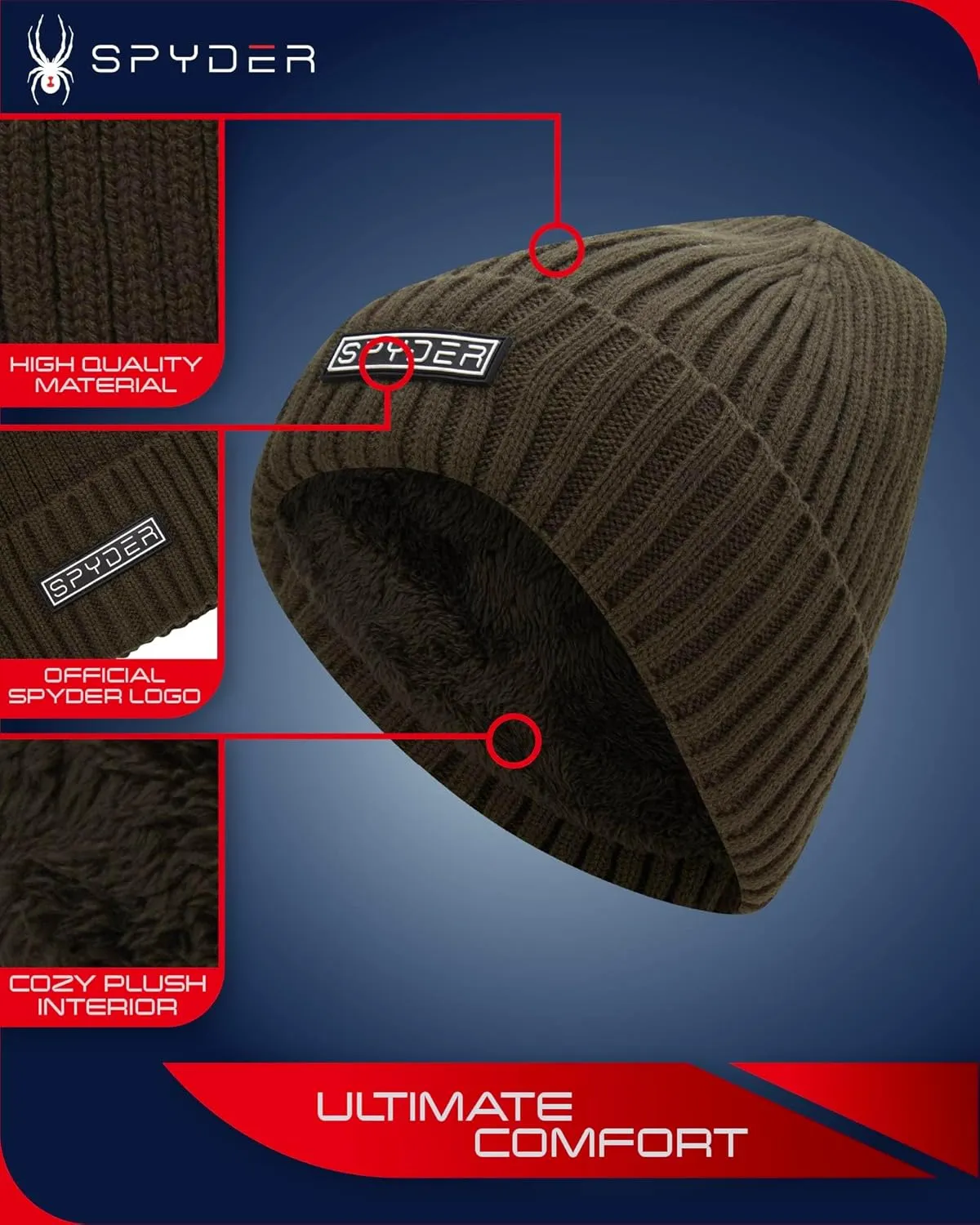 Spyder Men's Beanie - Cozy Plush Sherpa Fur Lined Ribbed Knit Cuff Winter Hat for Men with Embroidered and Rubber Logo Patch