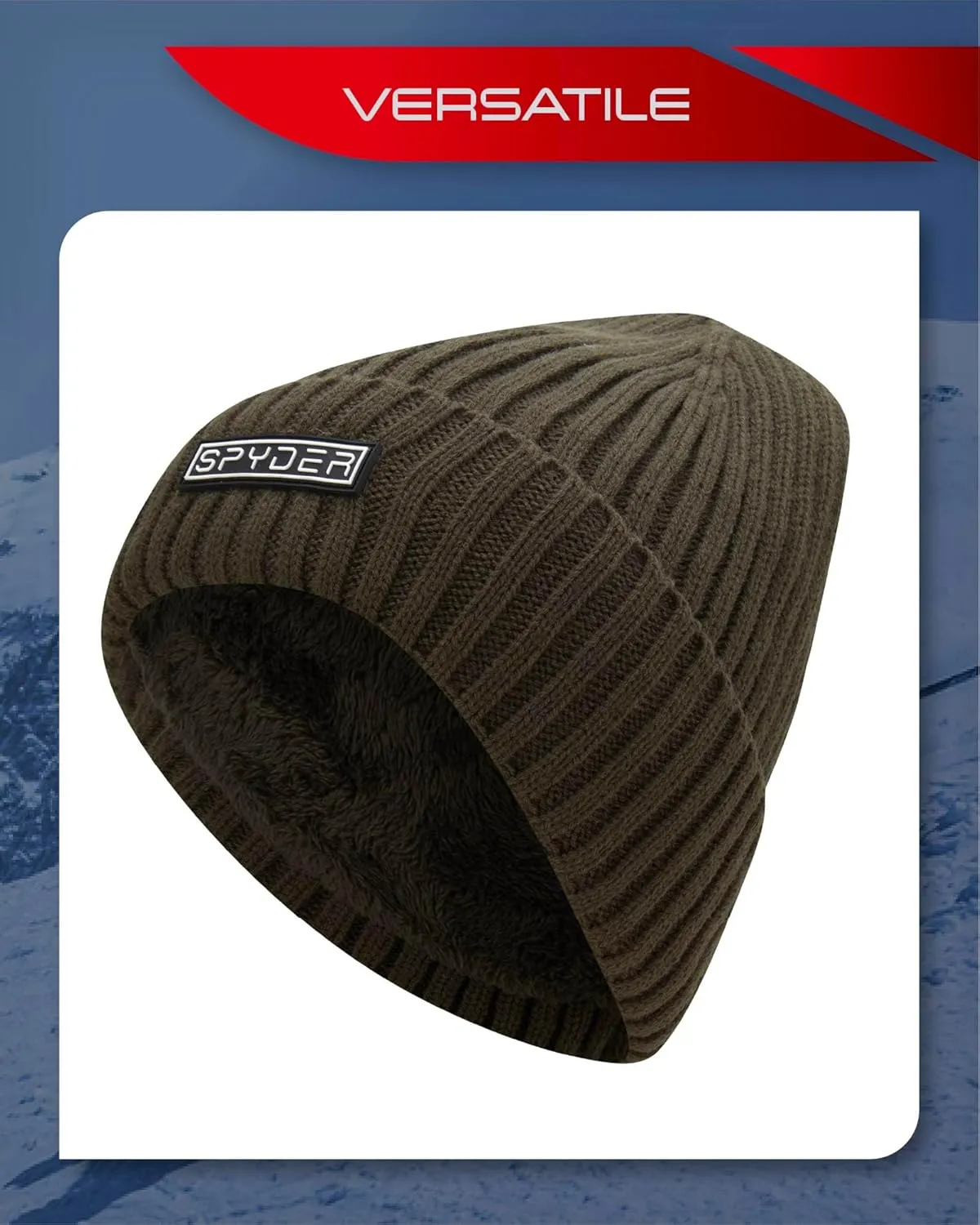 Spyder Men's Beanie - Cozy Plush Sherpa Fur Lined Ribbed Knit Cuff Winter Hat for Men with Embroidered and Rubber Logo Patch