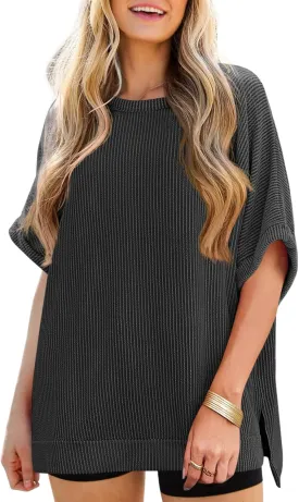 Tankaneo Womens Oversized T Shirts Summer Casual Ribbed Batwing Short Sleeve Tunic Tops Loose Fit Dolman Sleeve Tees