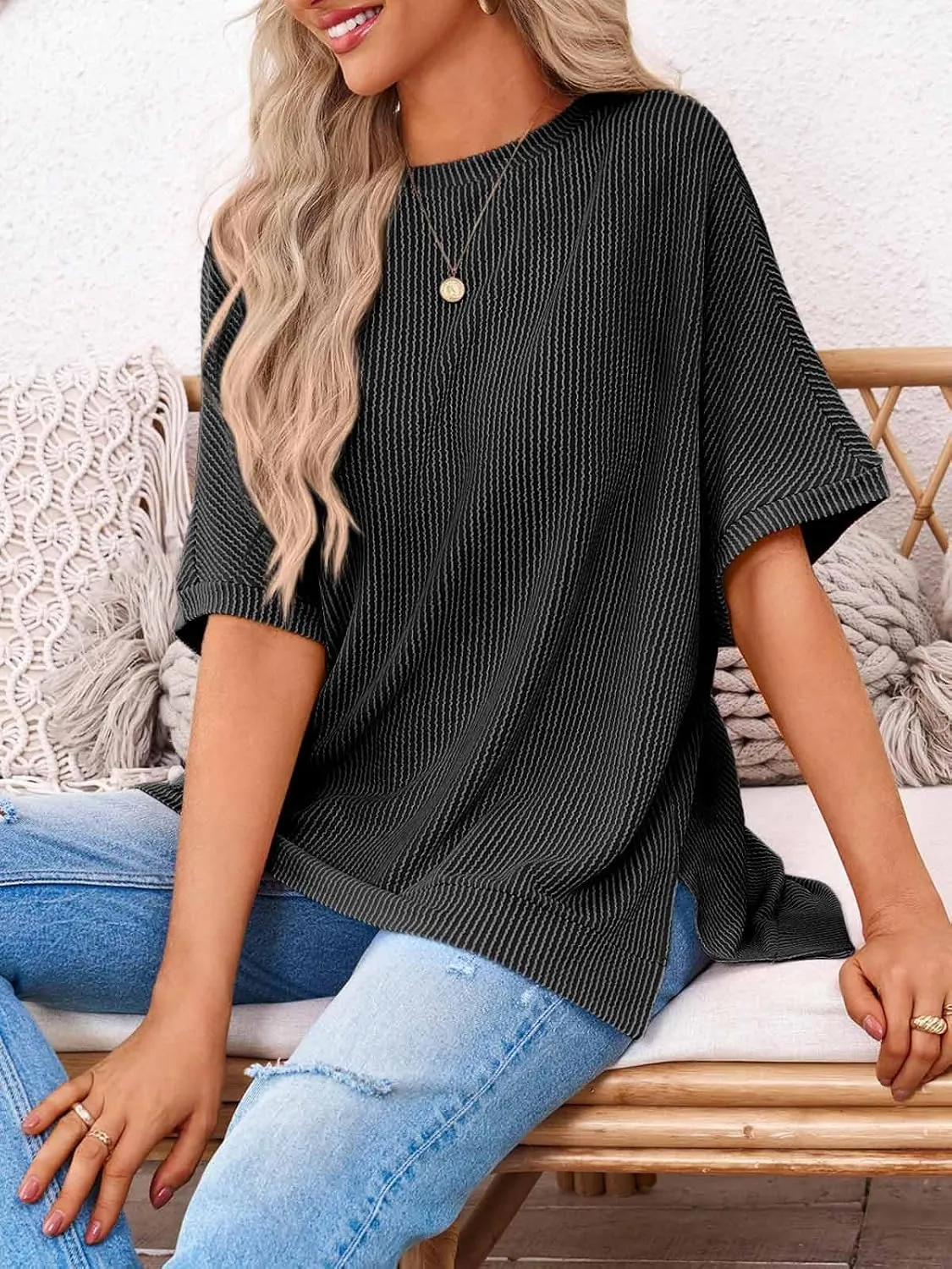 Tankaneo Womens Oversized T Shirts Summer Casual Ribbed Batwing Short Sleeve Tunic Tops Loose Fit Dolman Sleeve Tees