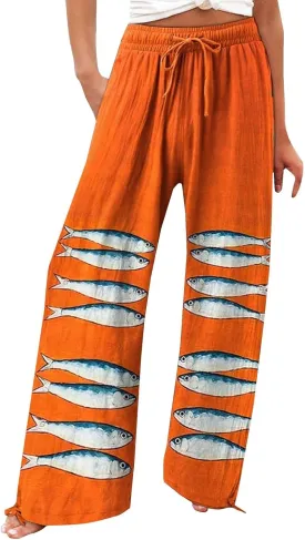 Women High Waisted Cotton Linen Palazzo Pants Dog Fish Graphic Wide Leg Long Lounge Pant Trousers with Pocket