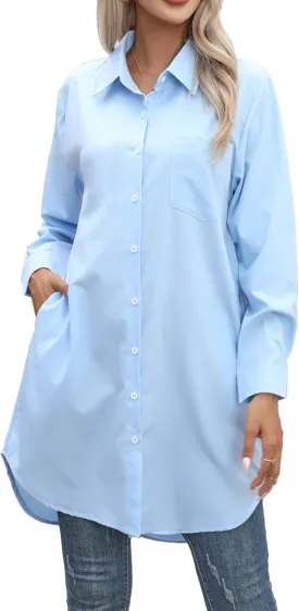 Women's Casual Button Down Shirts Long Sleeve Oversize Blouse Loose Shirt Dress with Side Pockets