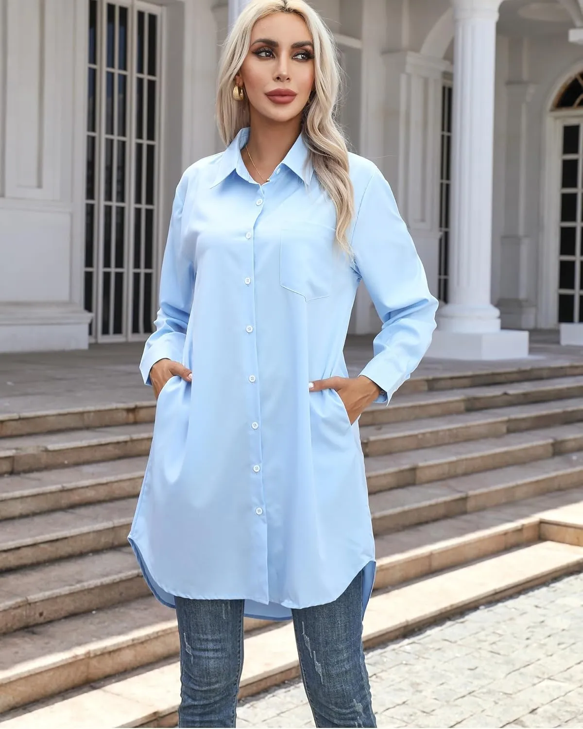 Women's Casual Button Down Shirts Long Sleeve Oversize Blouse Loose Shirt Dress with Side Pockets