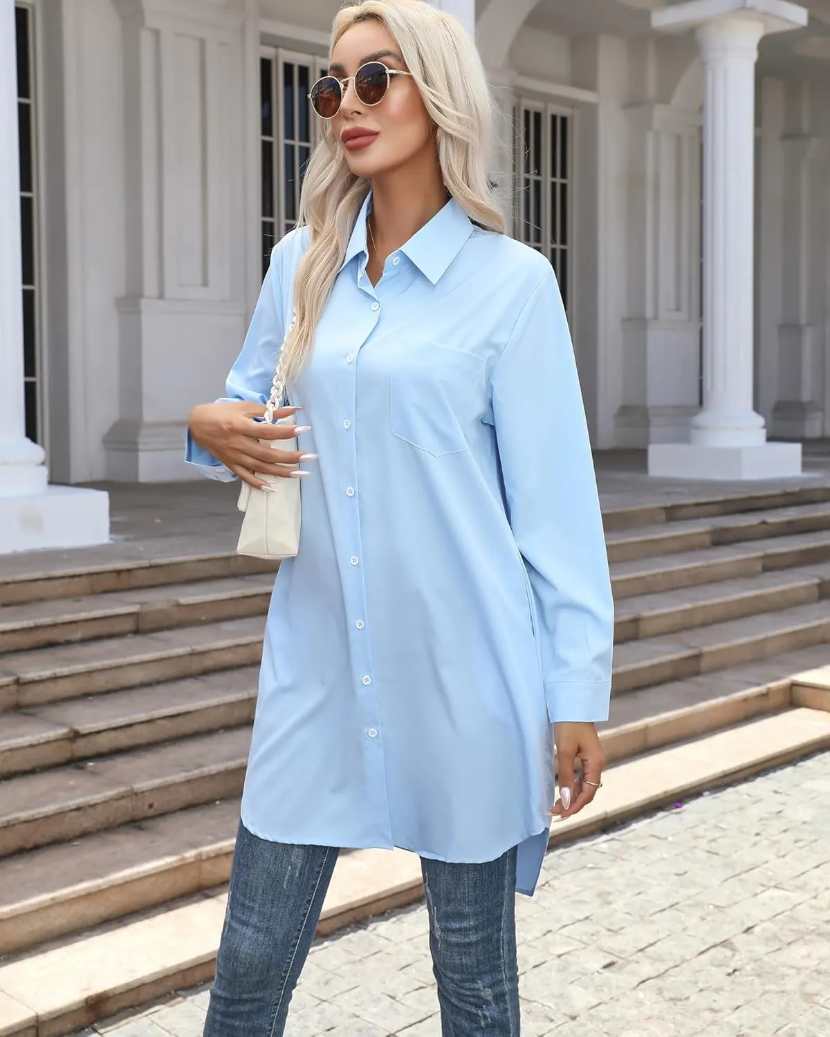 Women's Casual Button Down Shirts Long Sleeve Oversize Blouse Loose Shirt Dress with Side Pockets
