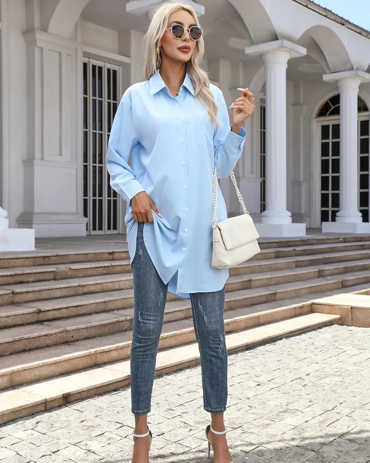 Women's Casual Button Down Shirts Long Sleeve Oversize Blouse Loose Shirt Dress with Side Pockets