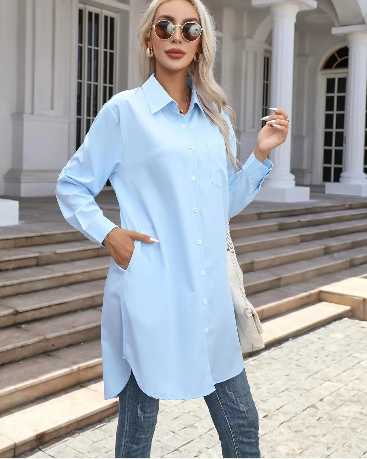 Women's Casual Button Down Shirts Long Sleeve Oversize Blouse Loose Shirt Dress with Side Pockets