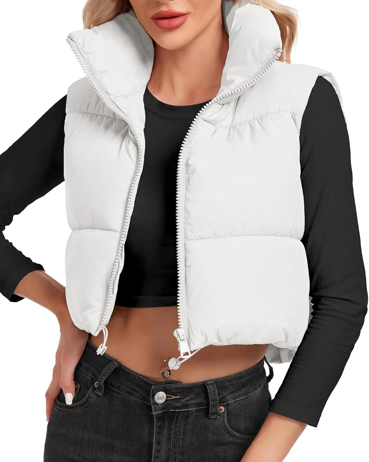 Women's Cropped Puffer Vest Sleeveless High Stand Collar Crop Outerwear Zip Up Warm Padded Gilet