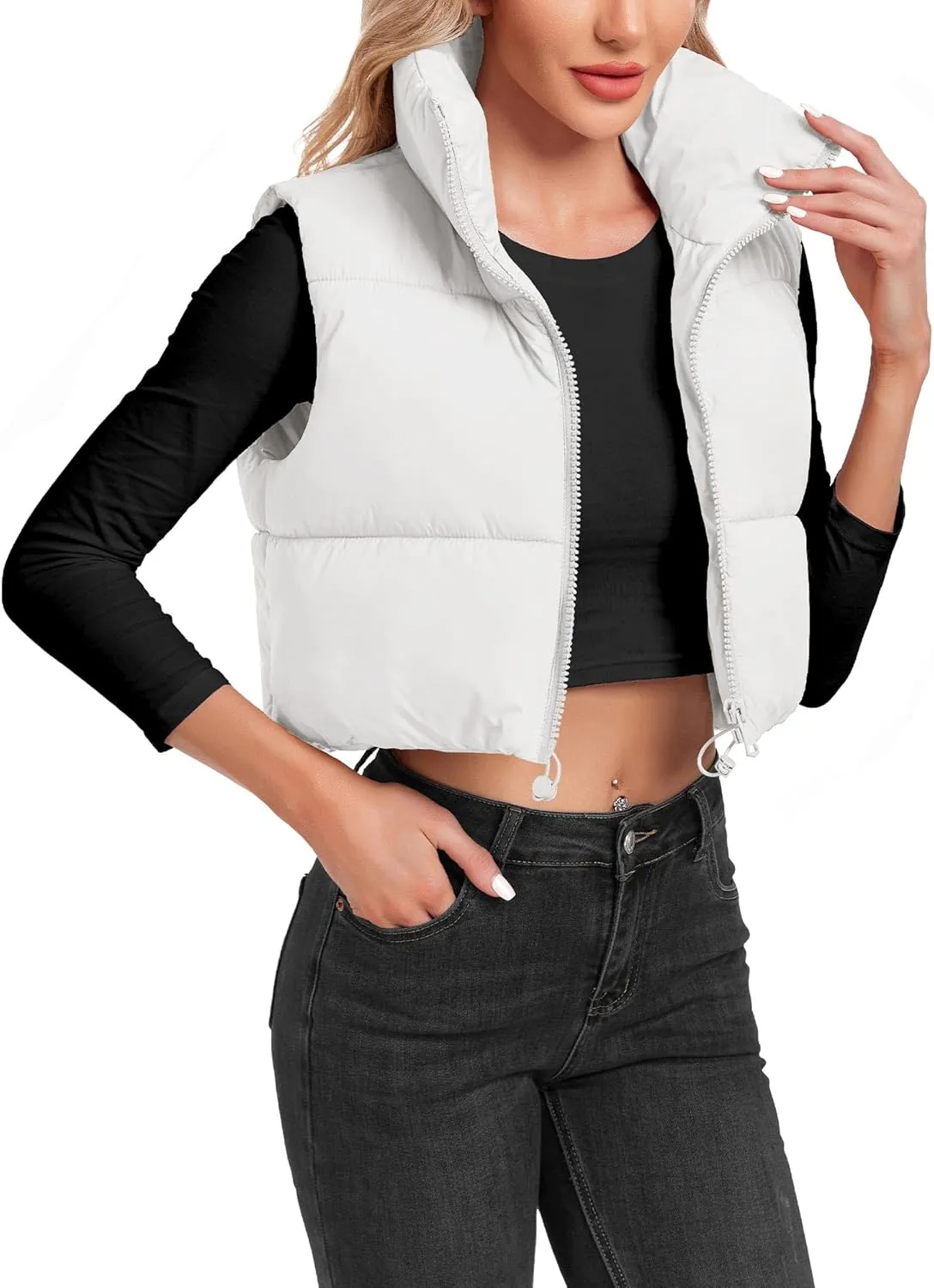 Women's Cropped Puffer Vest Sleeveless High Stand Collar Crop Outerwear Zip Up Warm Padded Gilet