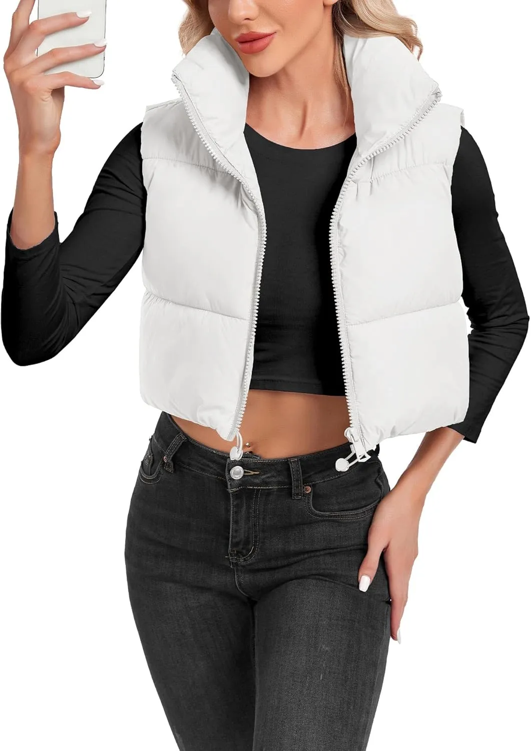 Women's Cropped Puffer Vest Sleeveless High Stand Collar Crop Outerwear Zip Up Warm Padded Gilet