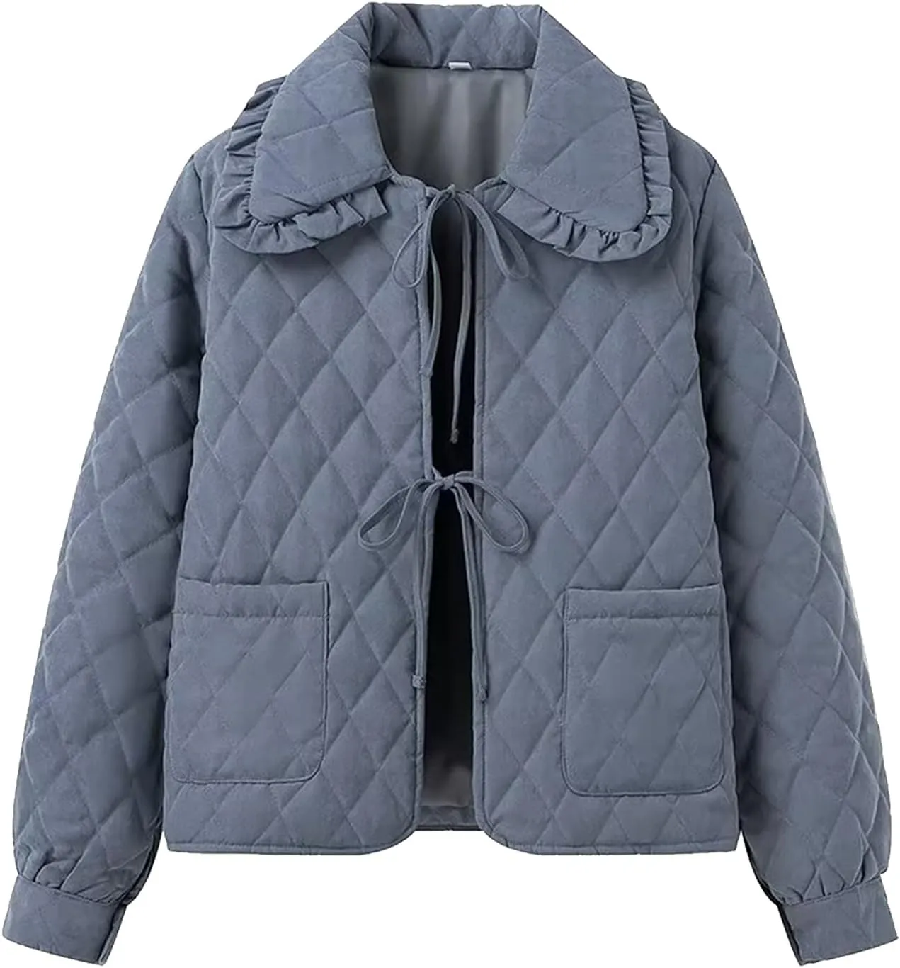 Womens Lightweight Quilted Jacket Cute Tie Front Cropped Puffer Jacket Coat Outwears with Pockets
