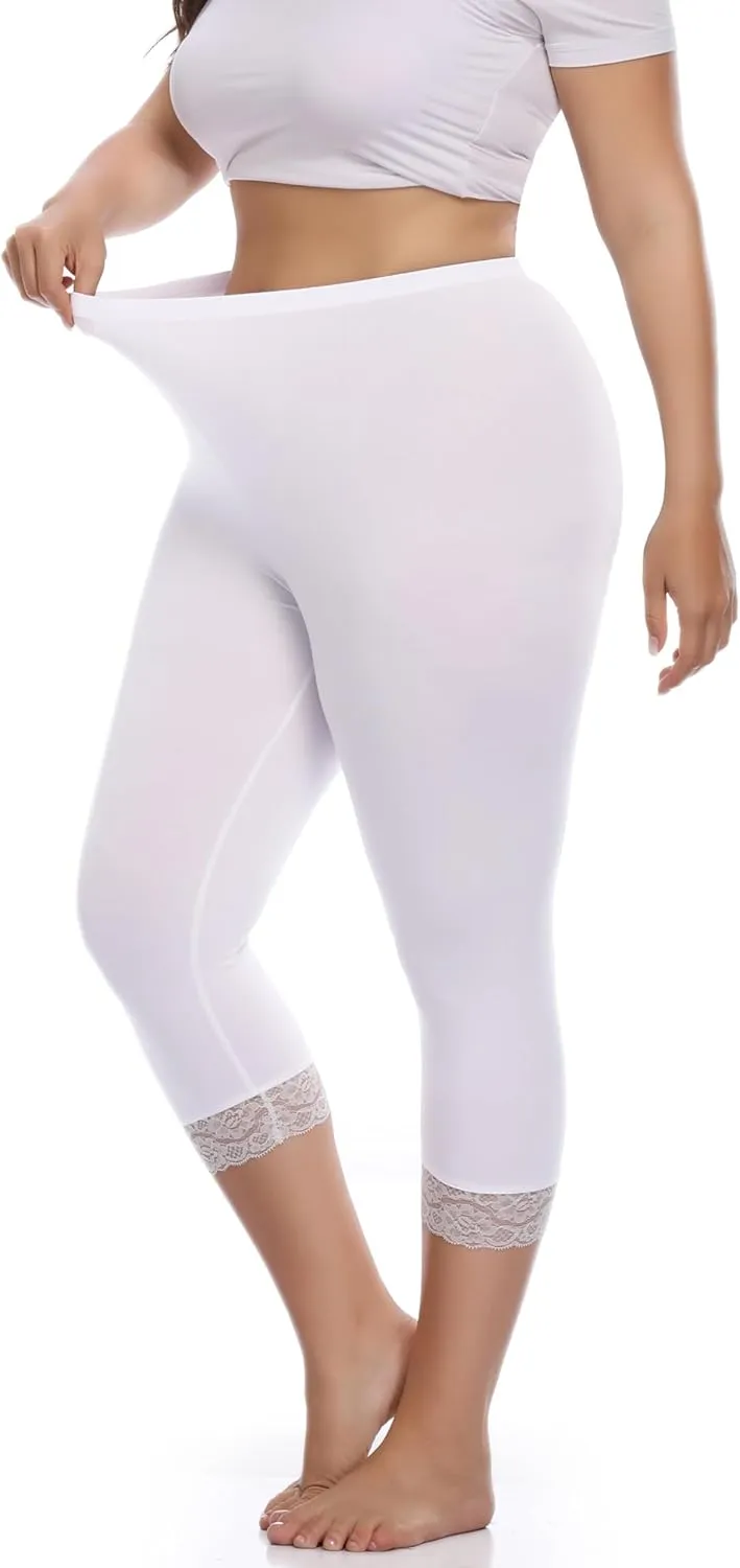 Women's Plus Size Capri Leggings Lace Trim High Waisted Stretchy Soft Crop Pants